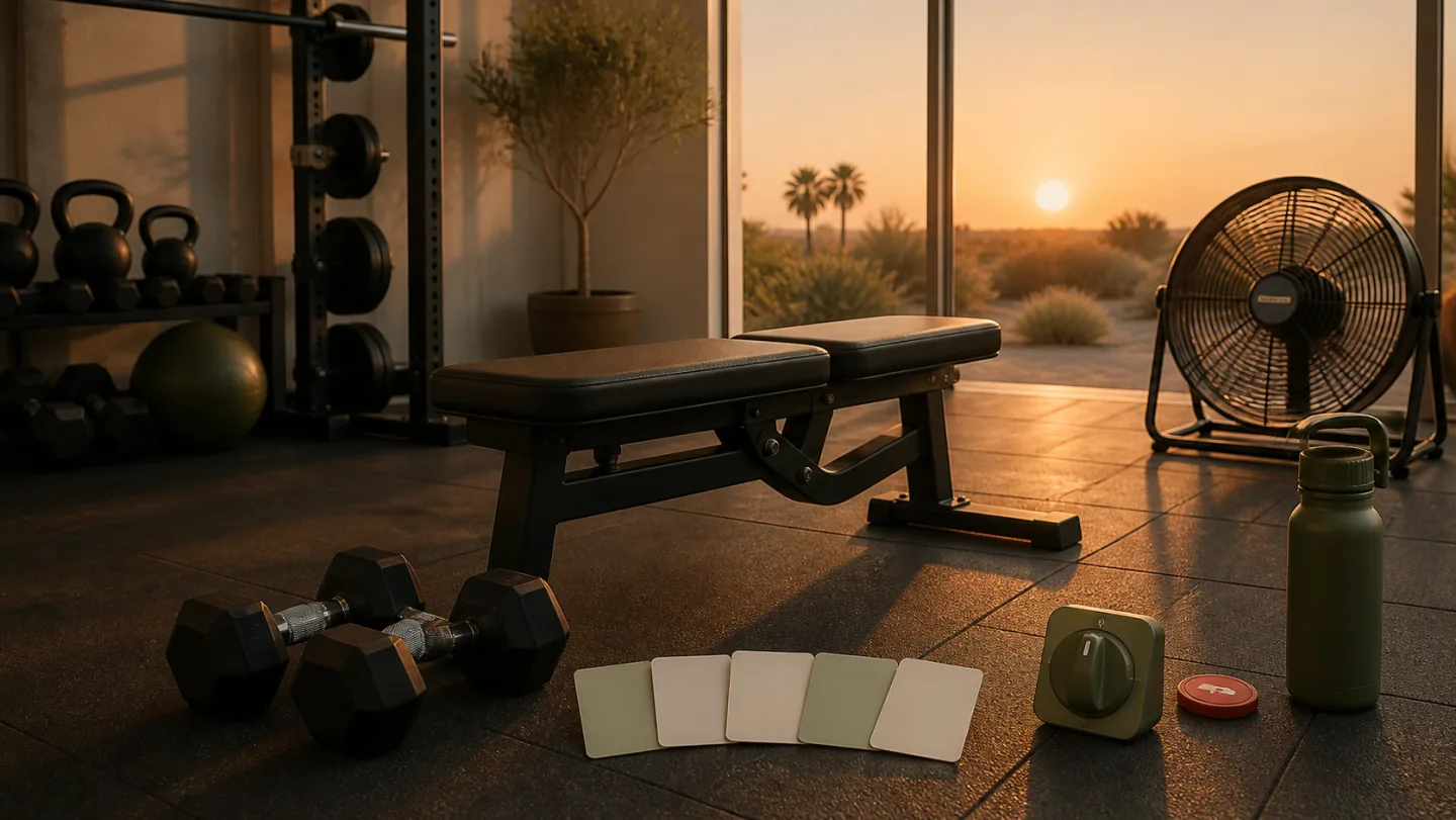 An empty gym at sunset contains a bench, moderate dumbbells, blank exercise cards, short timer, fan, sealed water, and red stop token.