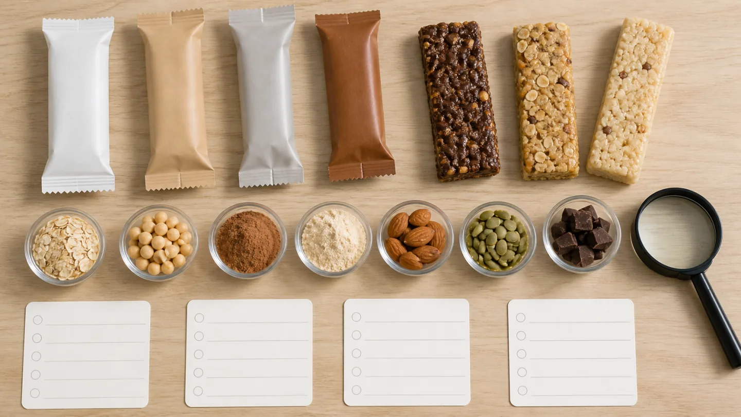 Plain protein bars, real ingredients, blank comparison cards, and a magnifying glass are arranged on a table.