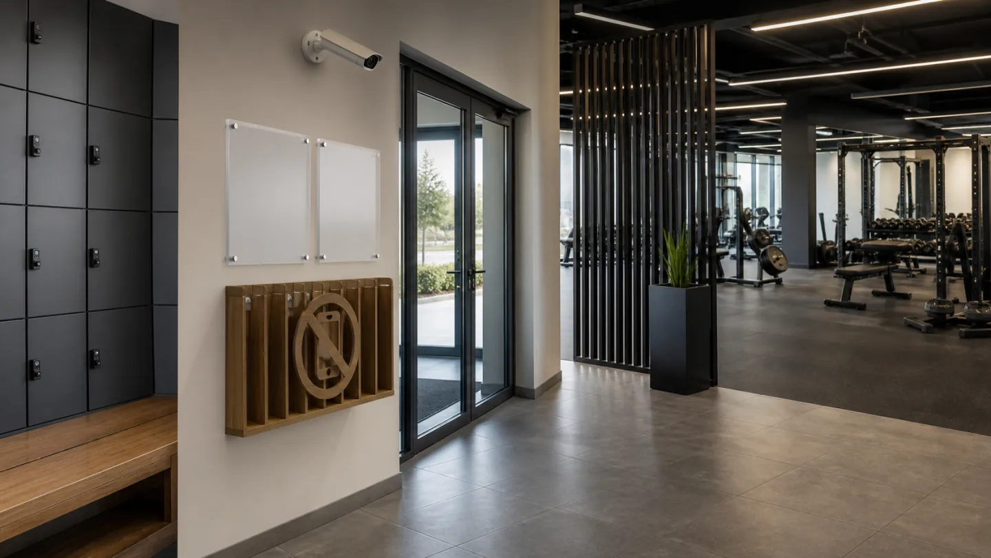 An empty gym entrance has a security camera aimed at the entrance, lockers, phone storage, blank policy cards, and a privacy screen.