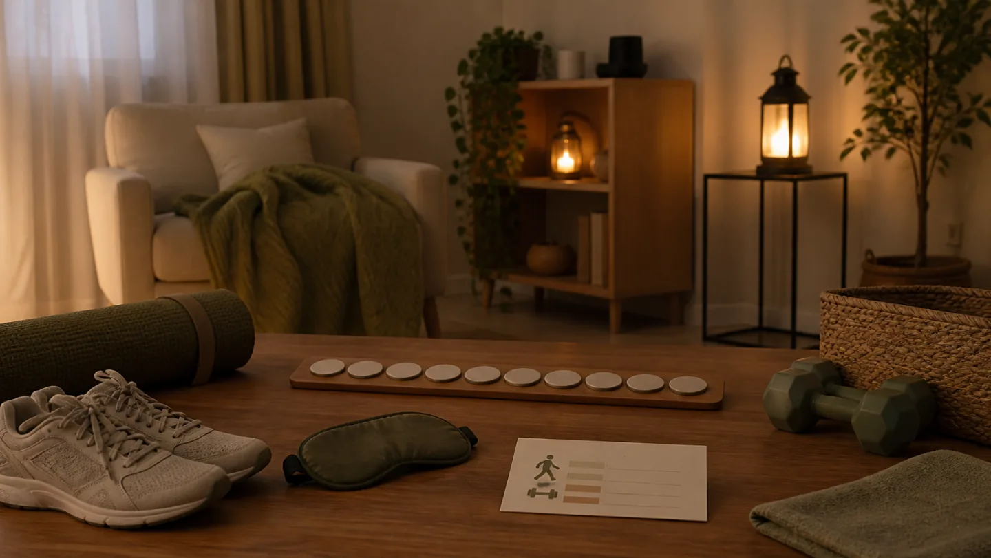 A quiet empty home contains stored dumbbells, walking shoes, sleep mask, ten blank tokens, and one short workout card in warm night light.