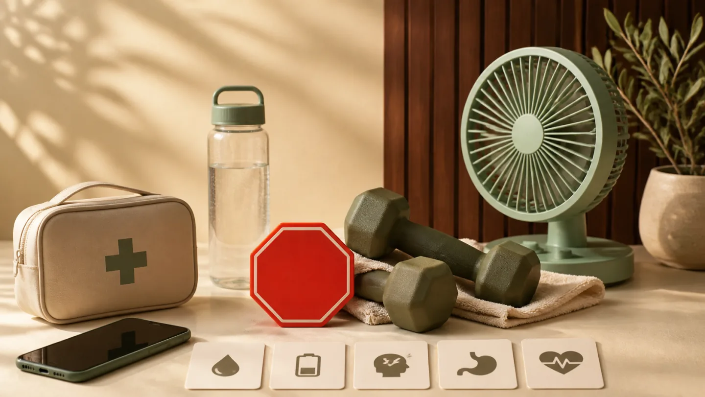 Workout equipment is safely lowered beside a red stop token, fan, phone, first-aid kit, water, and blank symptom cards.