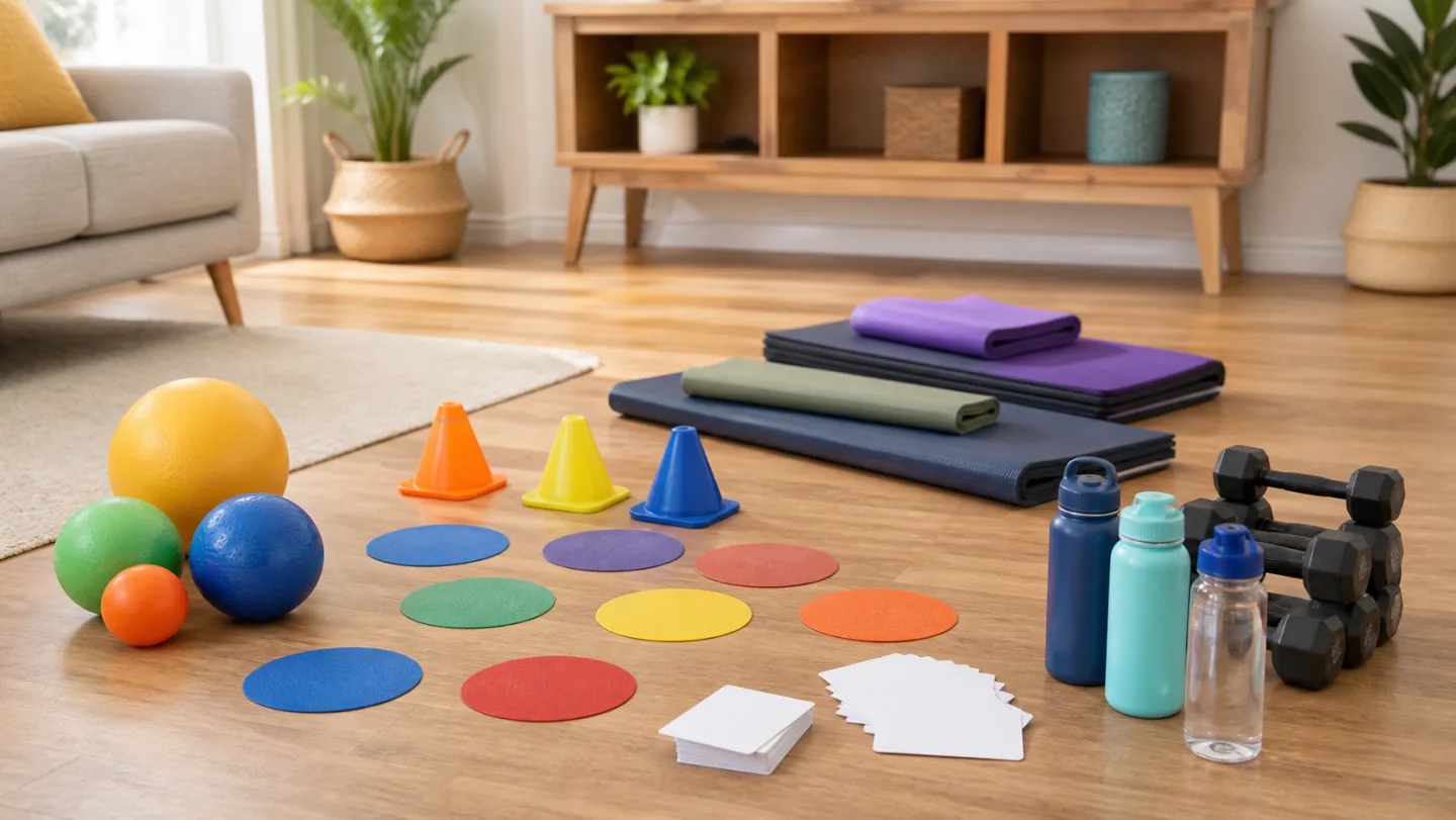 Soft balls, cones, floor markers, different-size mats, water, blank game cards, and adult dumbbells stored apart fill a cleared living room.
