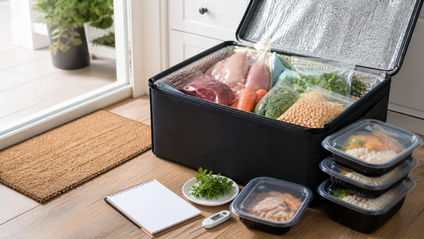 An open insulated meal-delivery box holds sealed ingredients, cold packs, a thermometer, containers, and a blank checklist.