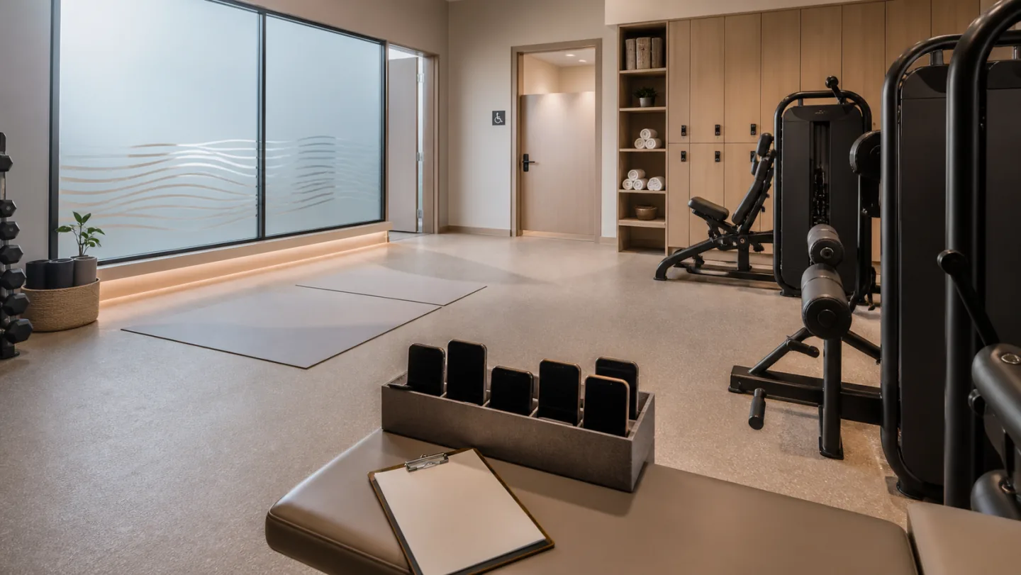 An empty women-only fitness studio has frosted windows, accessible entry, lockers, machines, phone storage, and a blank tour checklist.