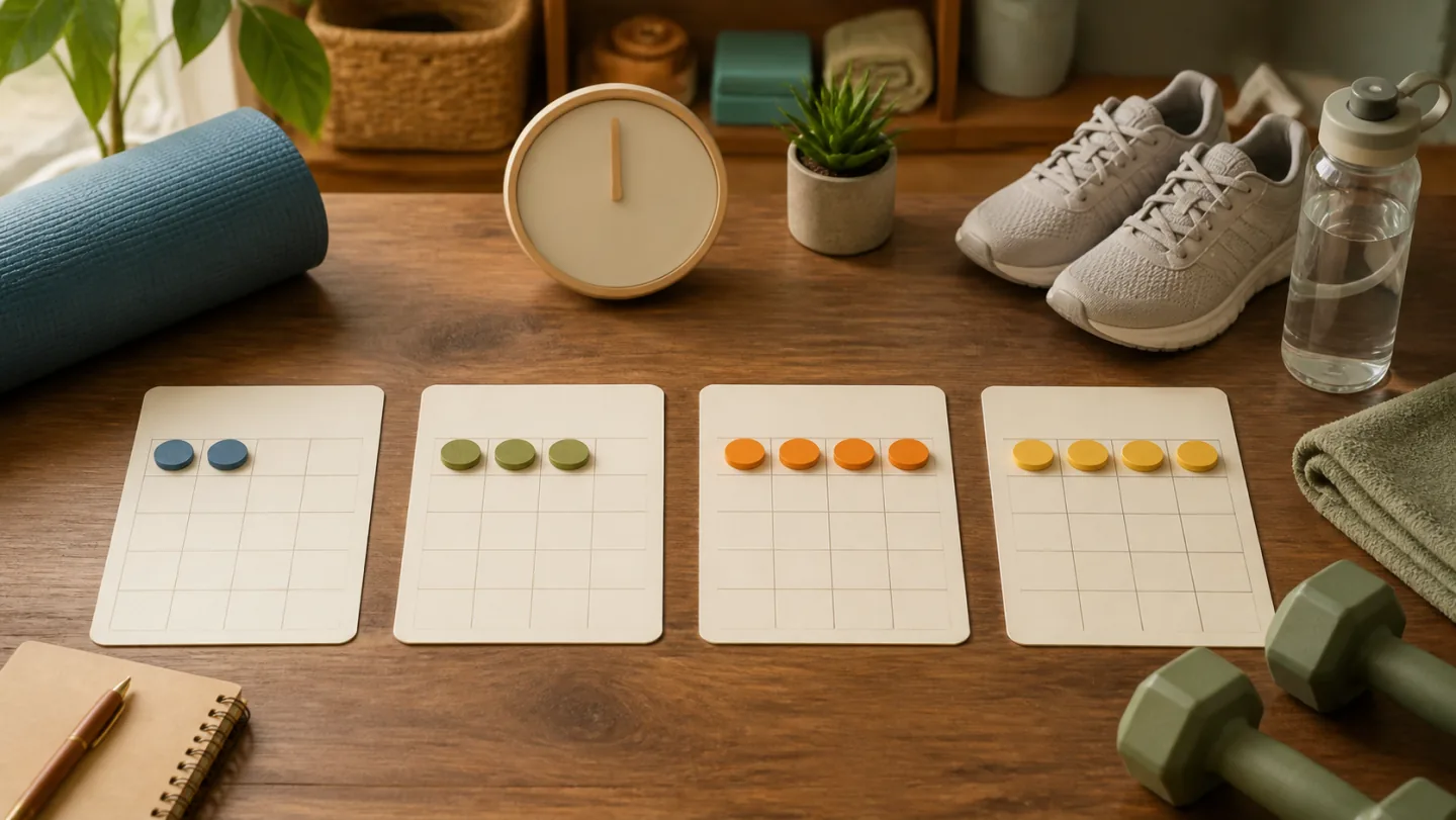 Four blank weekly cards with colored markers sit beside a mat, walking shoes, water, clock, and dumbbells.
