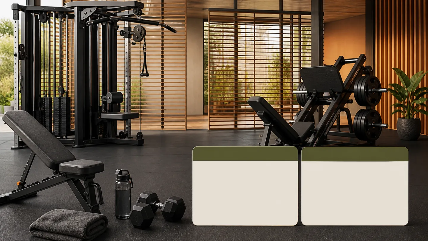 An empty gym bay contains cable and leg machines, a bench, dumbbells, water, towel, and two blank workout cards.