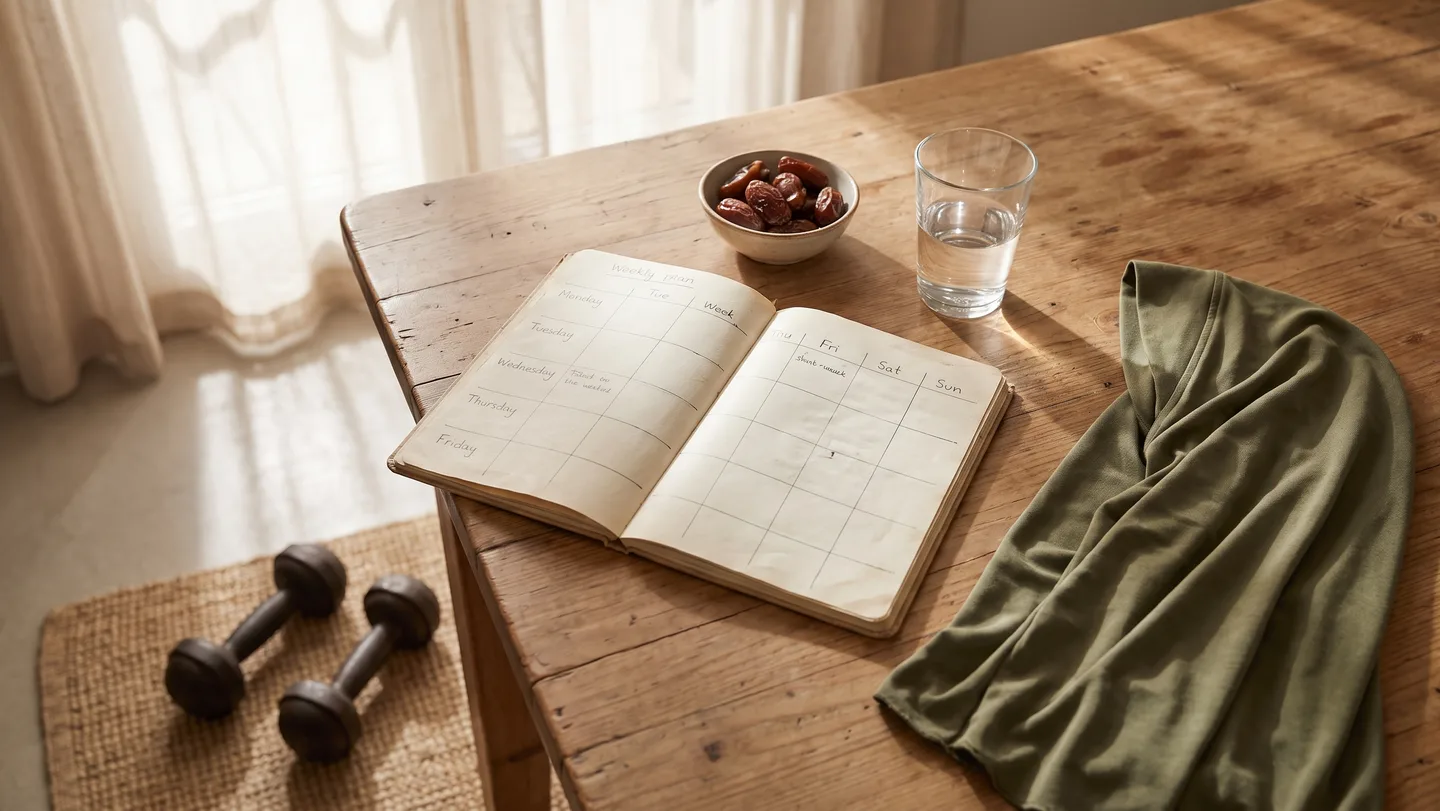 A wooden kitchen table at sunrise with an open notebook showing a hand-drawn workout plan, a bowl of dates, a glass of water, and a folded olive sports hijab.