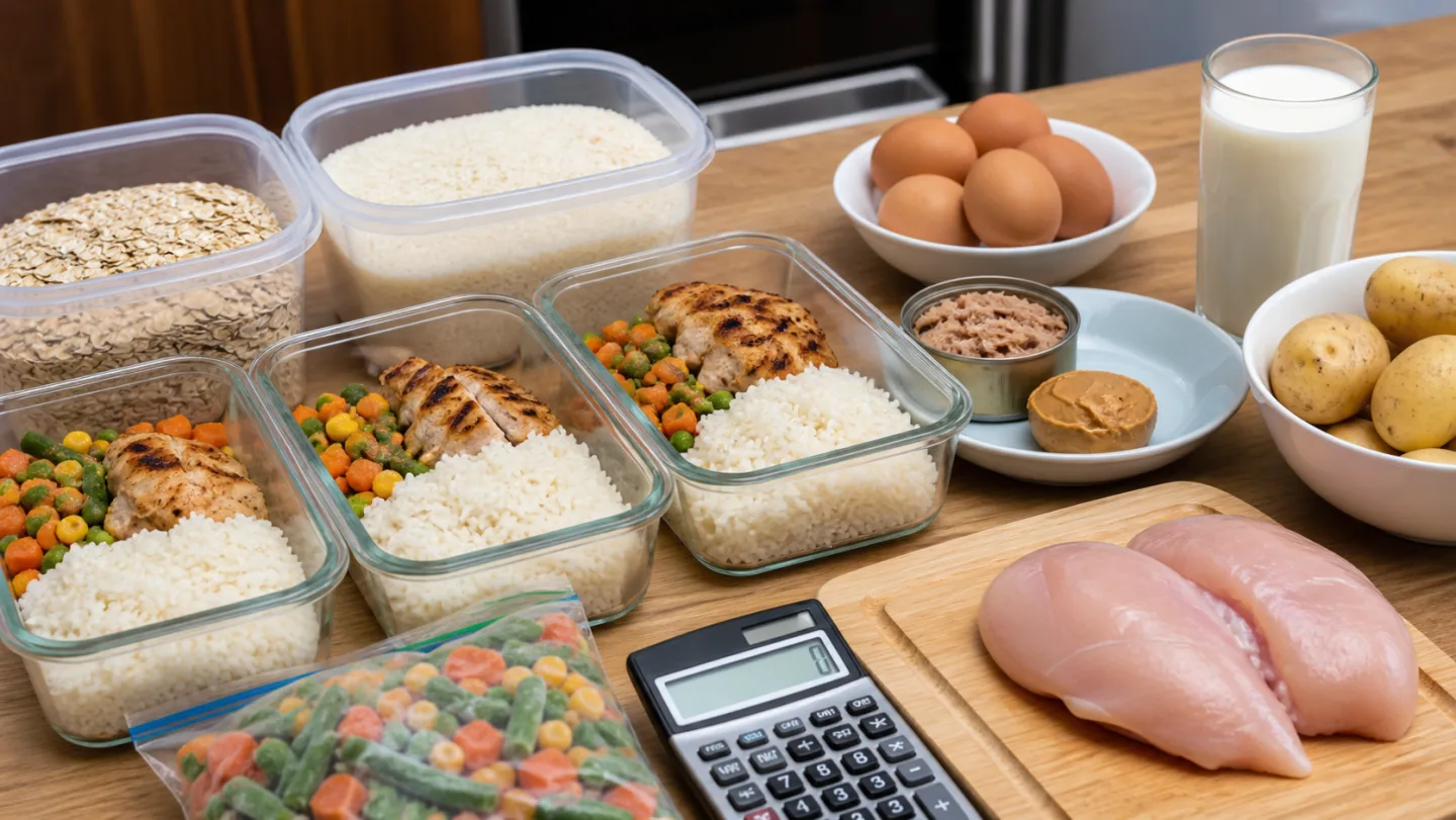 Rice, oats, eggs, milk, tuna, peanut butter, potatoes, chicken, vegetables, and meal containers cover a kitchen table.