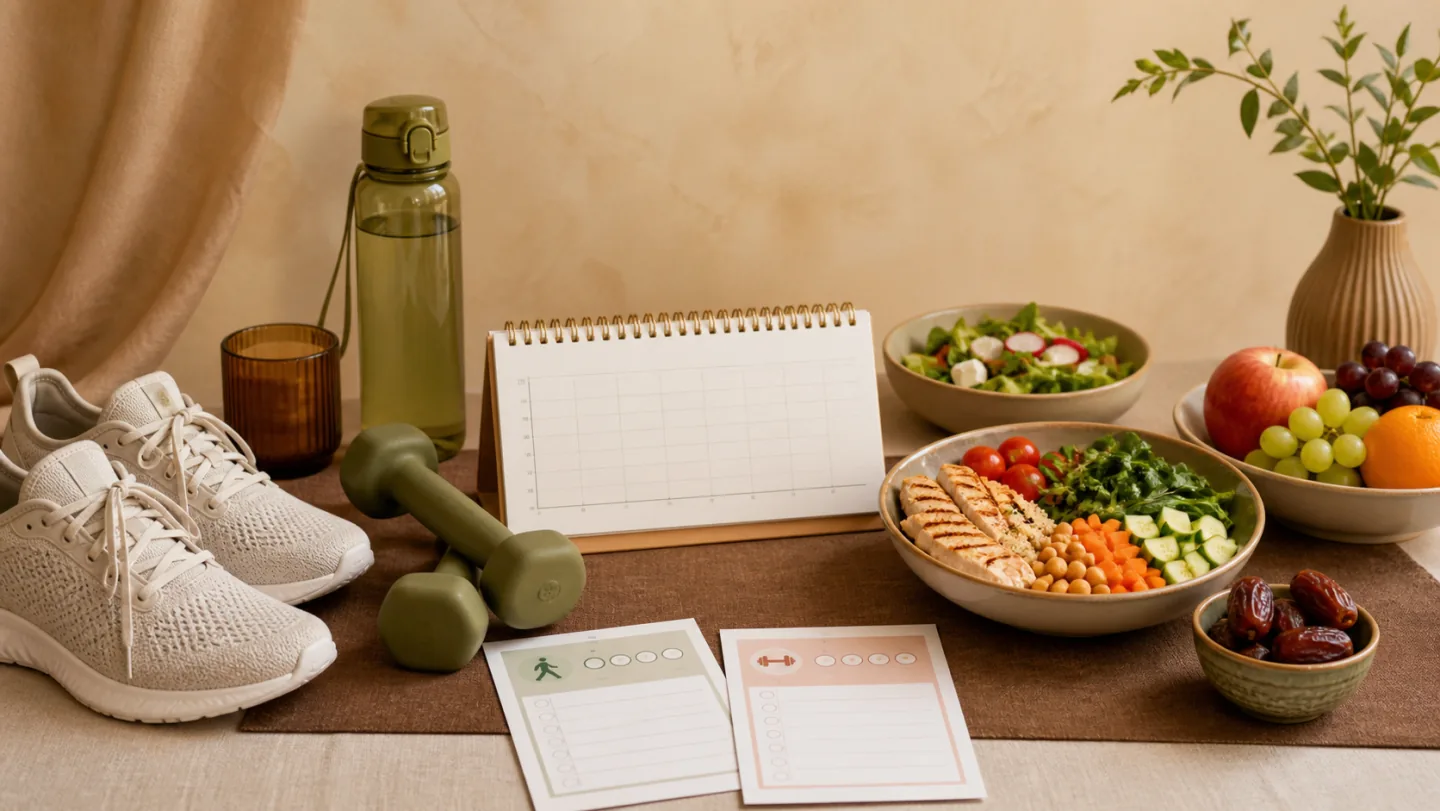 Walking shoes, dumbbells, balanced meals, produce, water, blank trend graph, and strength and walking cards form a realistic fitness plan.
