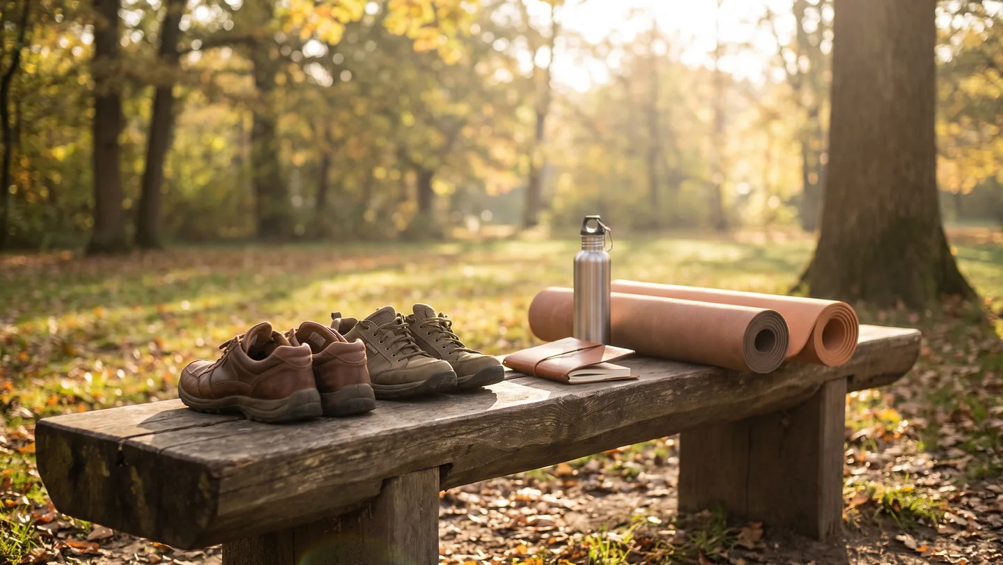 Two pairs of walking shoes and two rolled exercise mats side by side on a wooden park bench at golden hour, with a shared water bottle.