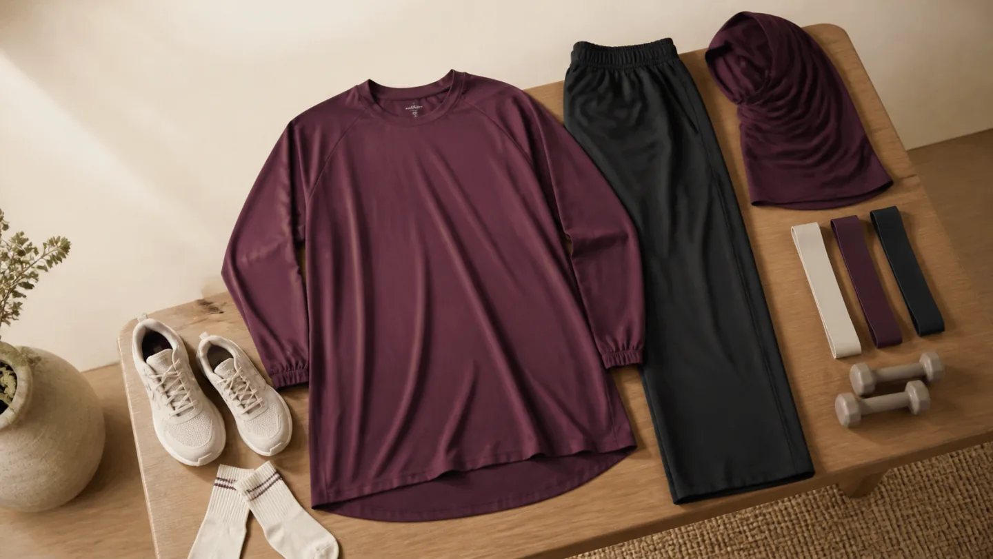 A loose long workout tunic, loose trousers, a sports hijab, shoes, bands, and dumbbells are arranged on a bench.