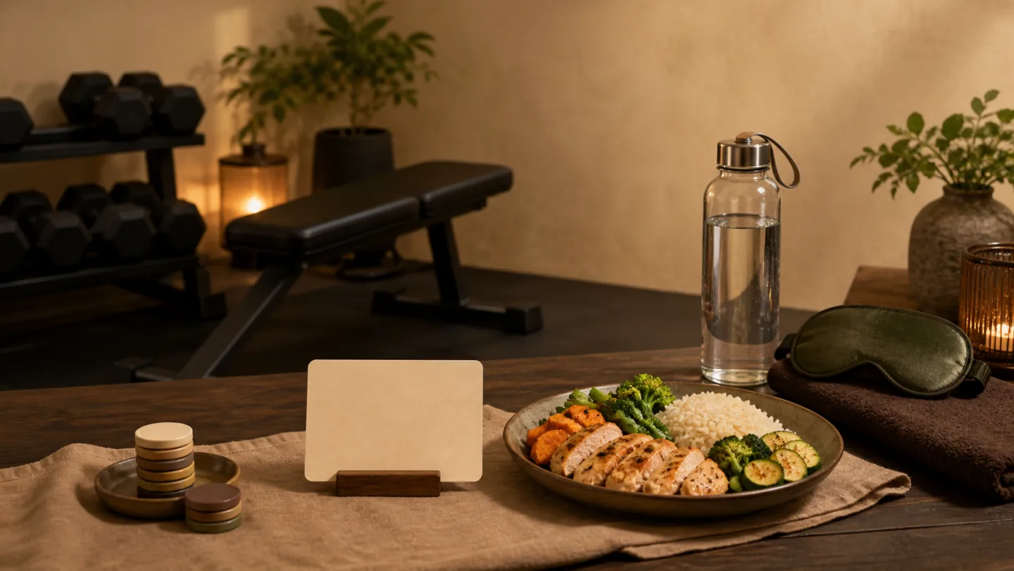 An empty strength area contains dumbbells, bench, reduced set tokens, a balanced protein-rich meal, water, sleep mask, and blank maintenance card.