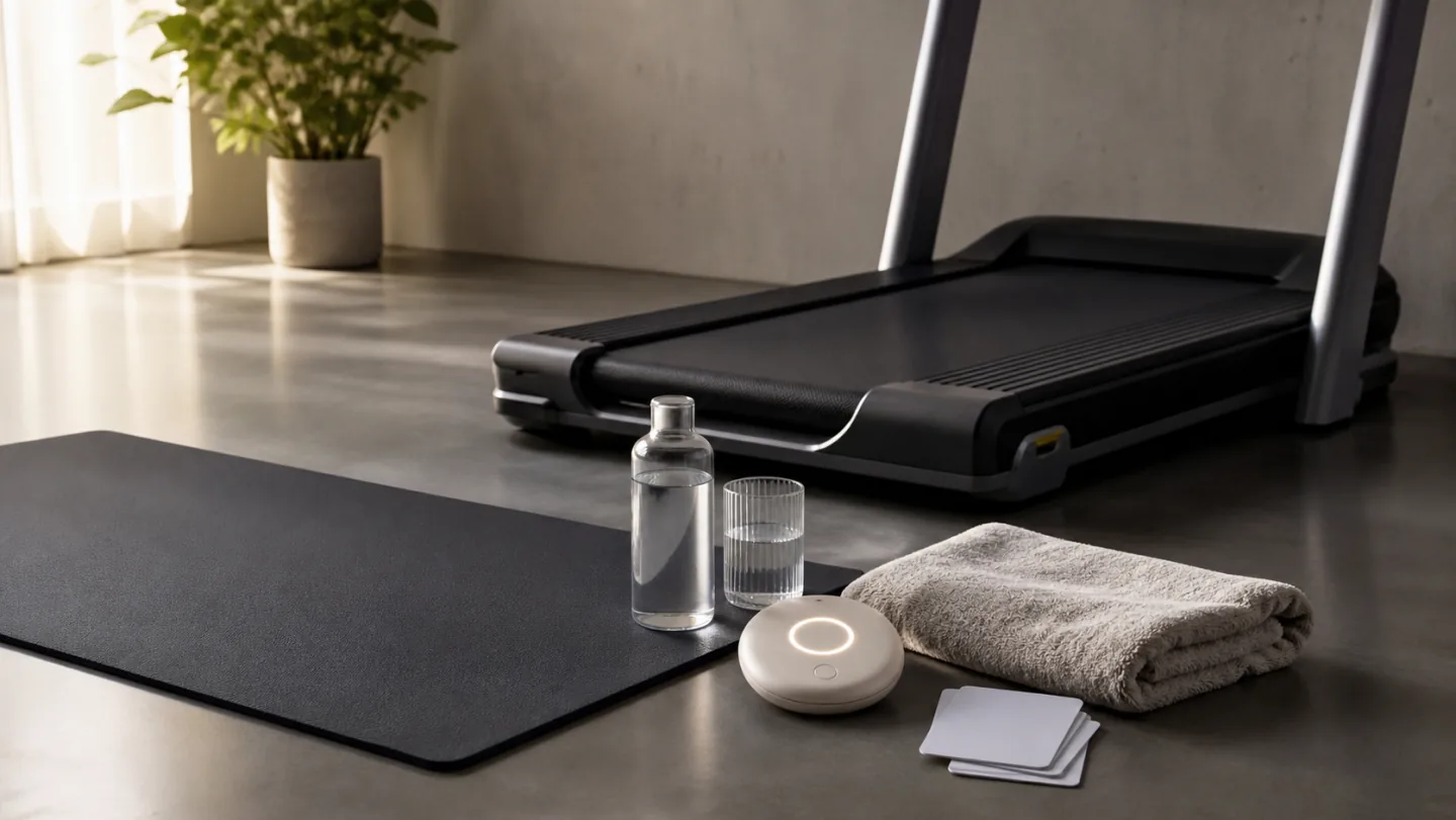 An empty workout area contains a treadmill, mat, water bottle, towel, breathing timer, and blank cool-down cards.