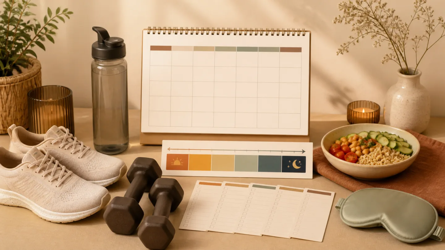 A blank monthly planner, sunset-to-dawn timeline, dumbbells, walking shoes, water, balanced meal, sleep mask, and weekly cards form a Ramadan workout plan.