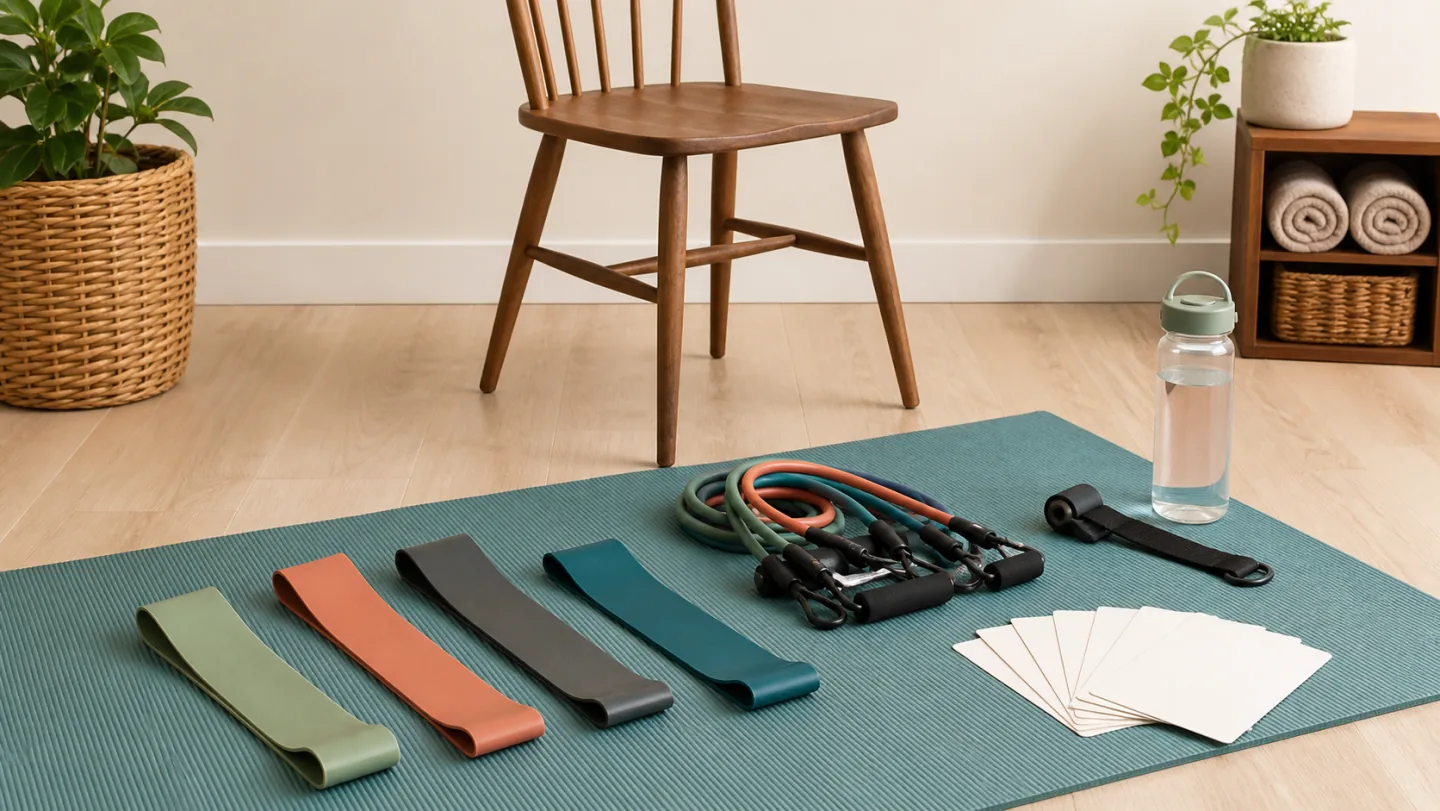 Loop bands, handled bands, a door anchor, chair, mat, water, and blank cards are arranged for a full-body workout.