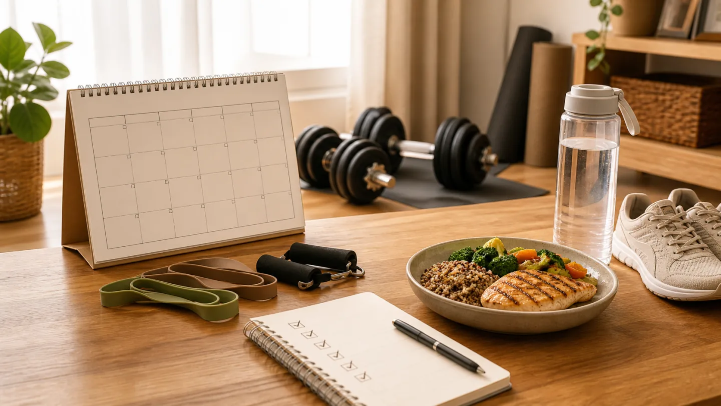 A blank monthly calendar, dumbbells, resistance bands, walking shoes, water, a checklist, and a balanced halal meal form a four-week plan.