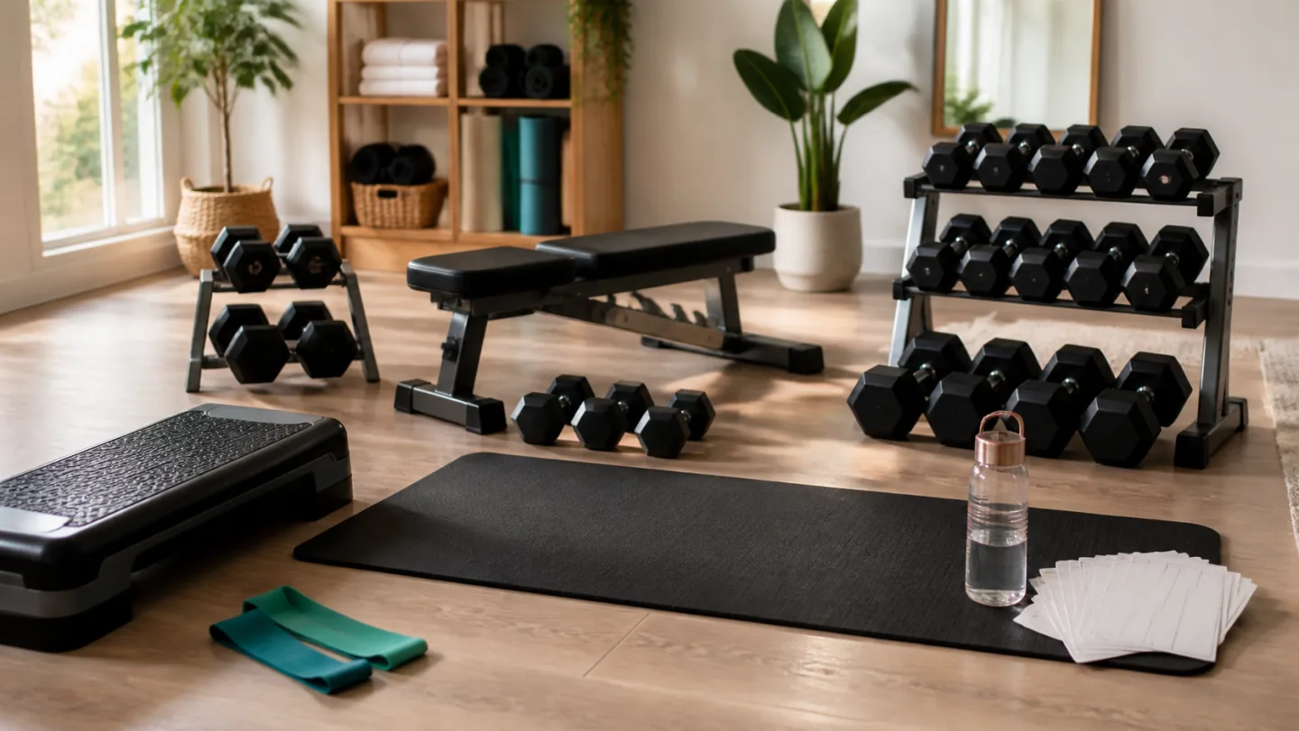 Dumbbells, a bench, mat, step, bands, water, and blank progression cards fill a private home studio.