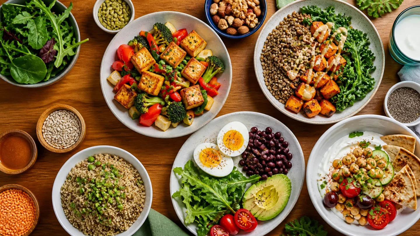 Tofu stir-fry, lentil bowls, eggs with beans, chickpeas, yogurt, grains, nuts, seeds, and greens form complete meals.