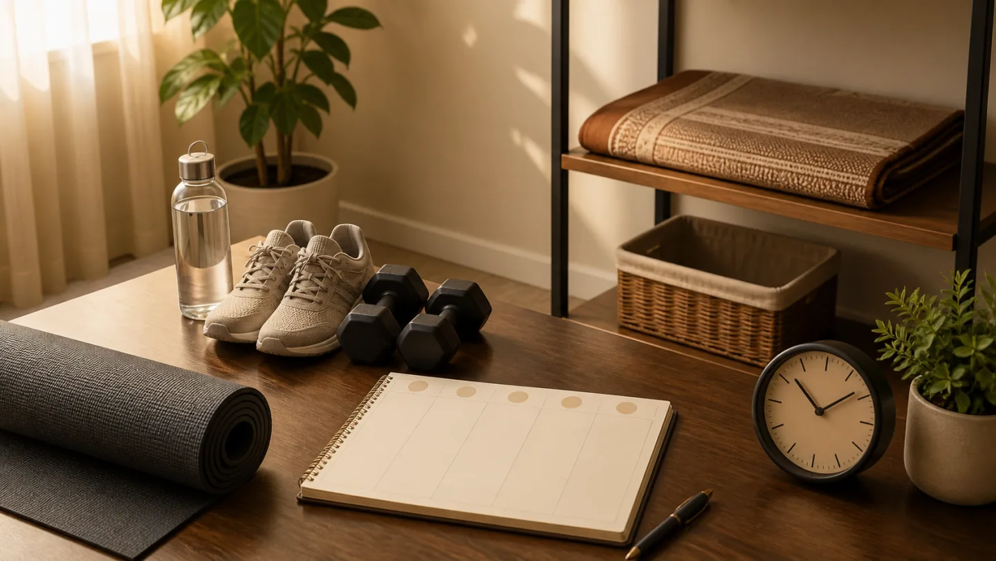 A workout mat, dumbbells, shoes, water, a blank five-part planner, and a clock sit near a folded prayer mat on a separate shelf.