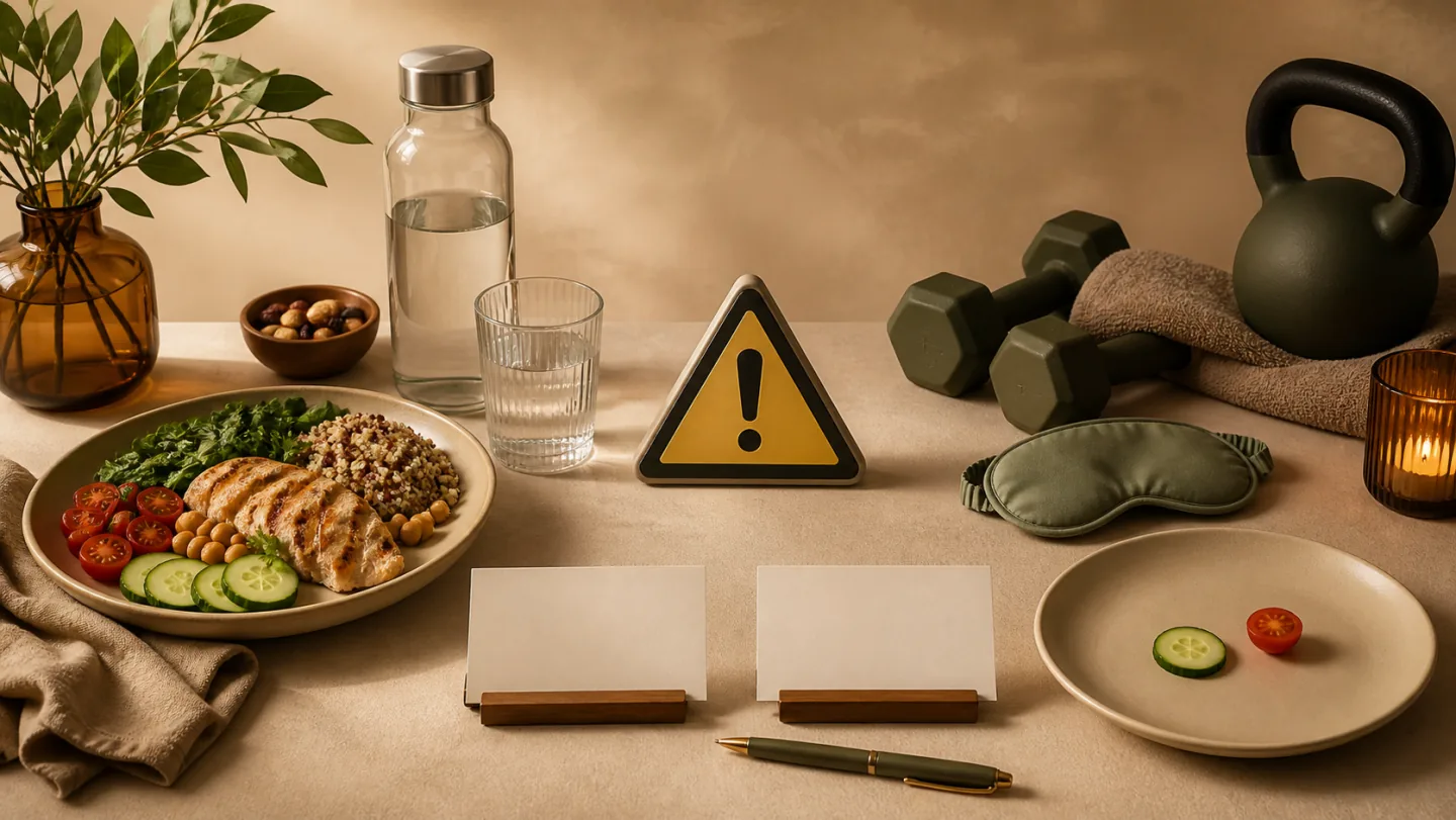 A balanced meal and an almost empty plate sit beside workout equipment, a caution marker, water, sleep mask, and blank tradeoff cards.