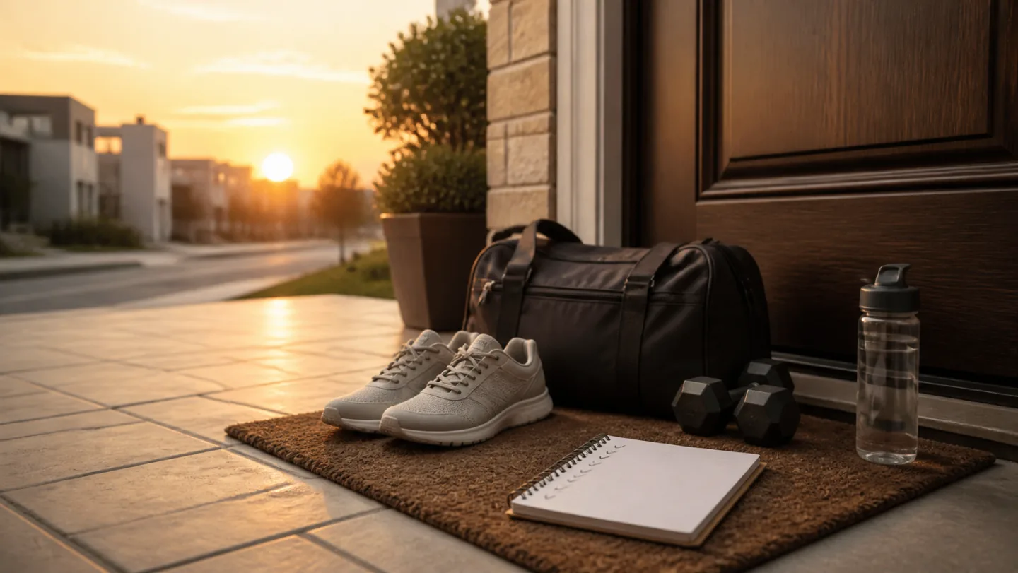 Walking shoes, a packed gym bag, dumbbells, a water bottle, and a workout notebook are ready by a front door at sunrise.
