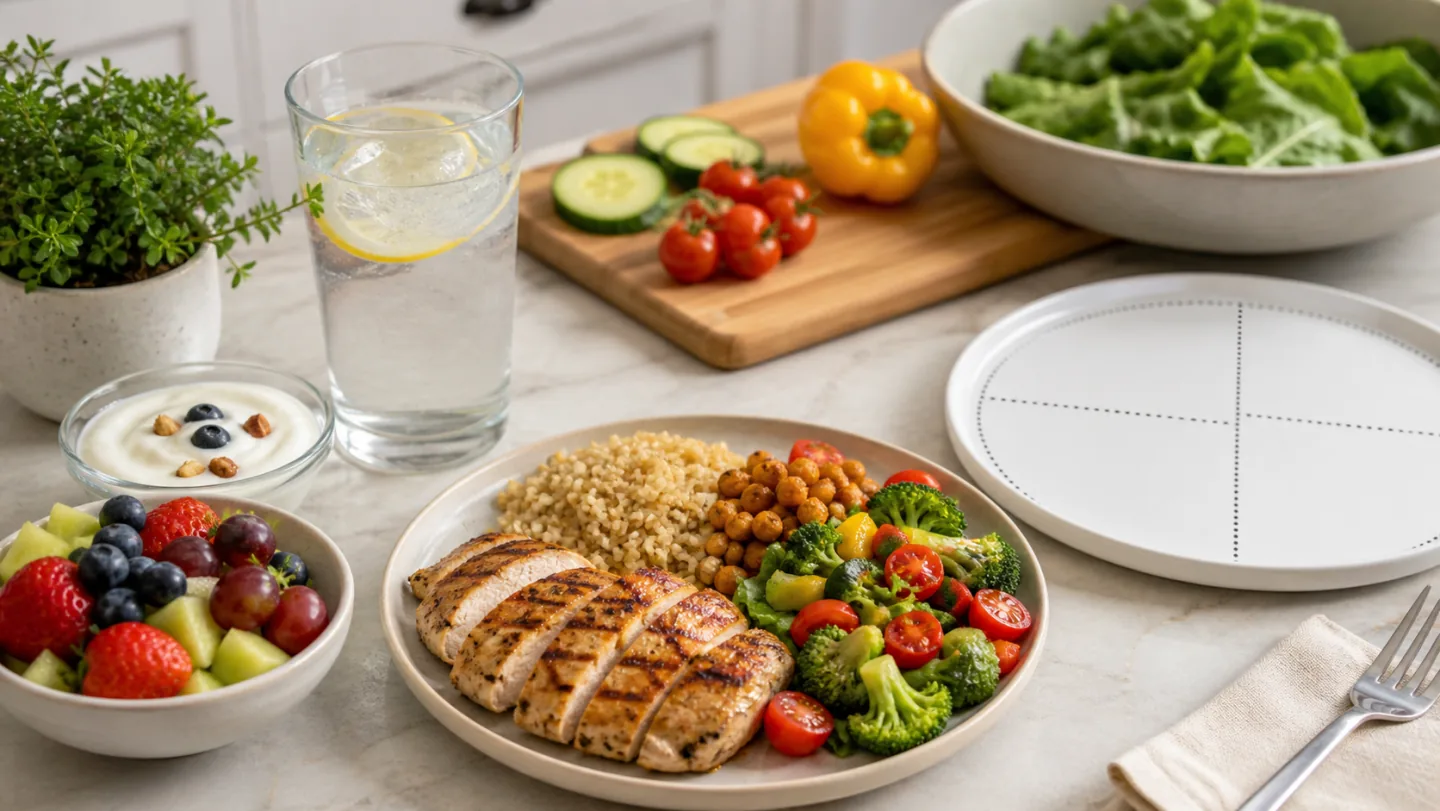 A balanced plate with chicken, grain, vegetables, fruit, yogurt, and water sits beside a blank portion guide.