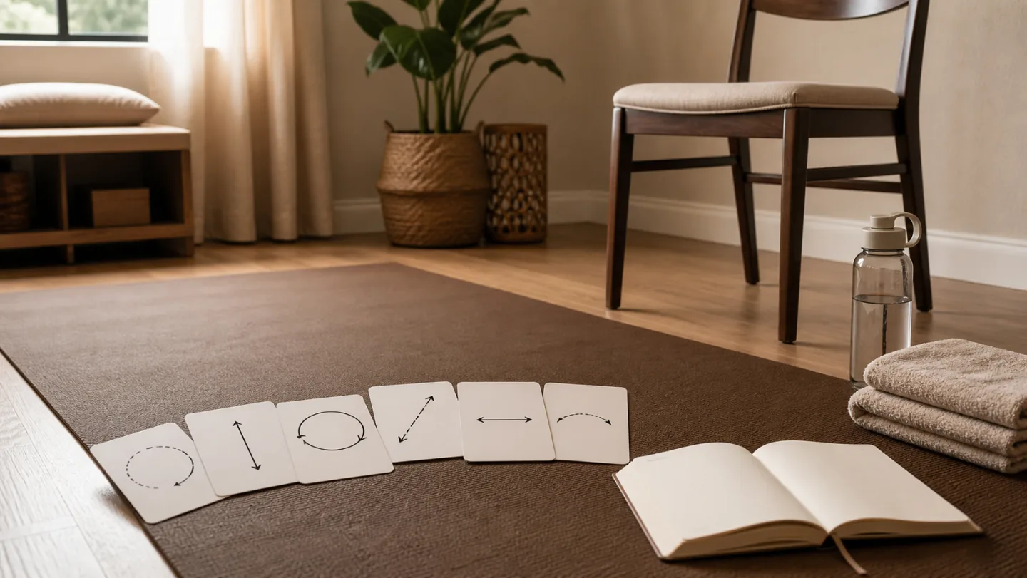 A mat, chair, water, towel, blank notebook, and exercise cards form a no-equipment home workout area.