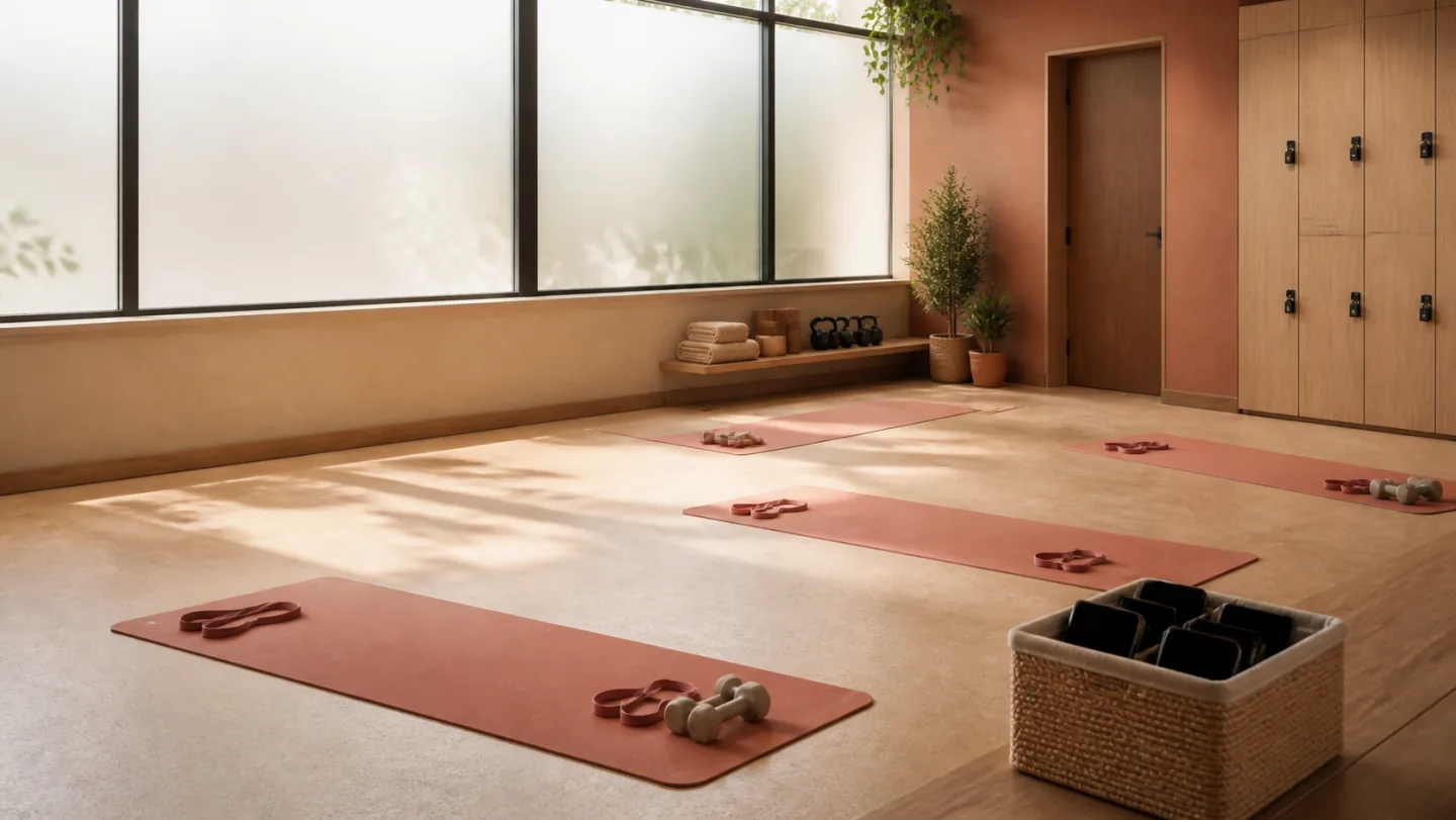 An empty private fitness studio has frosted windows, exercise mats, resistance bands, dumbbells, lockers, and phone storage.