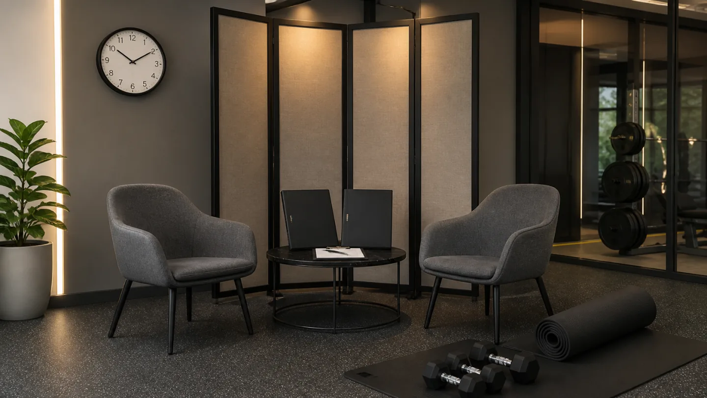 Two chairs, privacy screens, blank credential folders, a workout clipboard, clock, mat, and dumbbells form a private consultation area.