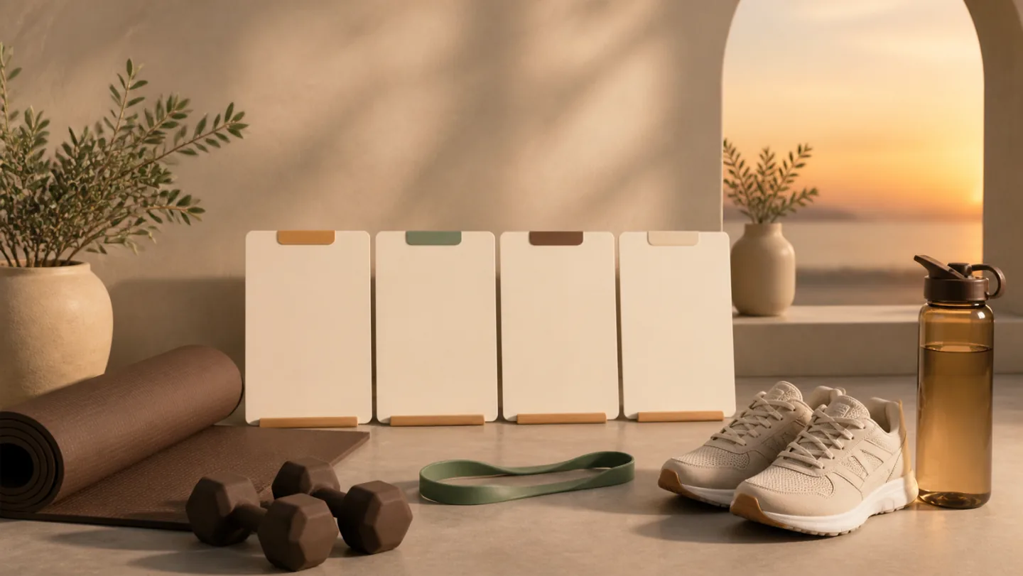 Four blank weekly workout cards sit beside dumbbells, walking shoes, a resistance band, mat, water, and a sunset window.
