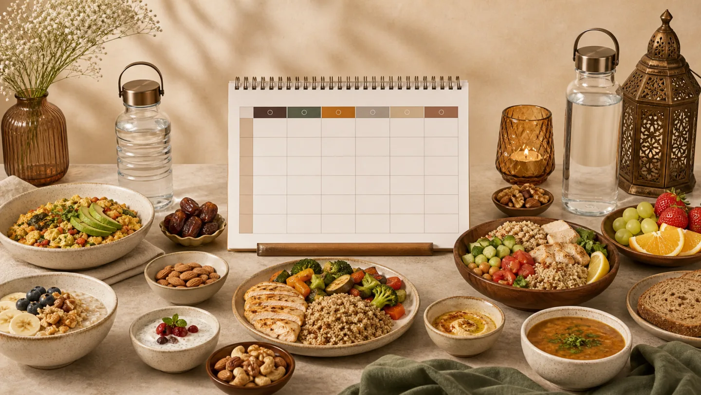 Balanced suhoor, iftar, snacks, protein foods, whole grains, fruit, vegetables, water, and a blank seven-day planner fill a table.