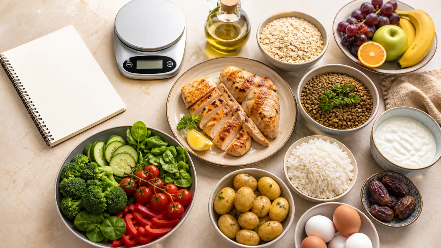 Halal chicken, lentils, rice, potatoes, eggs, yogurt, oats, fruit, and vegetables surround a kitchen scale.