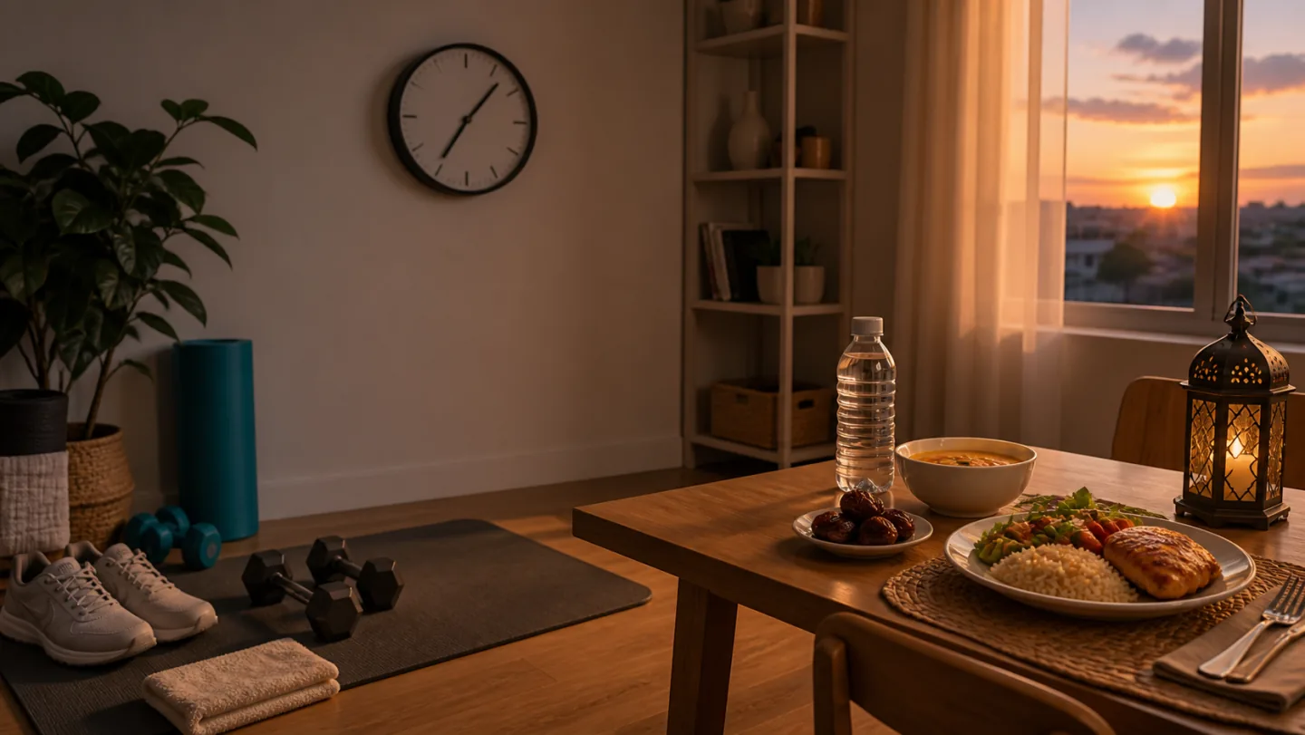 A sunset home workout area sits beside water, dates, soup, and a balanced halal meal waiting on a dining table.