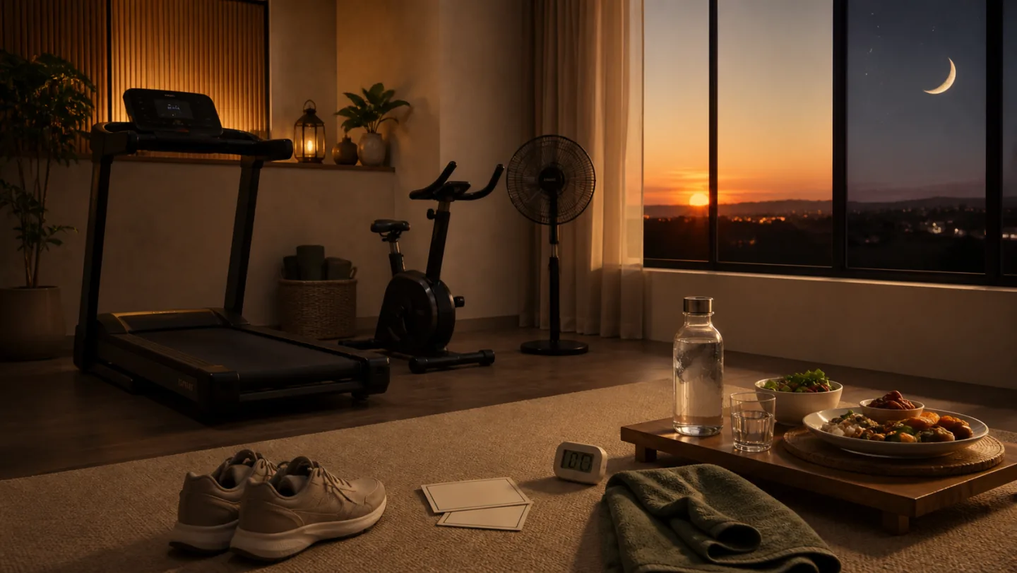 An empty cardio room has a treadmill, exercise bike, shoes, blank effort cards, fan, water, evening meal, and sunset-to-night timeline.