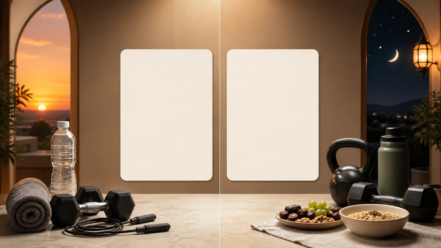 A split sunset and evening scene compares short before-iftar equipment with hydrated after-iftar strength equipment, food, and blank cards.