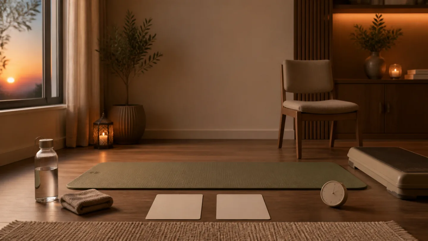 An empty private living room contains a mat, sturdy chair, low step, two blank workout cards, timer, water, and sunset light.