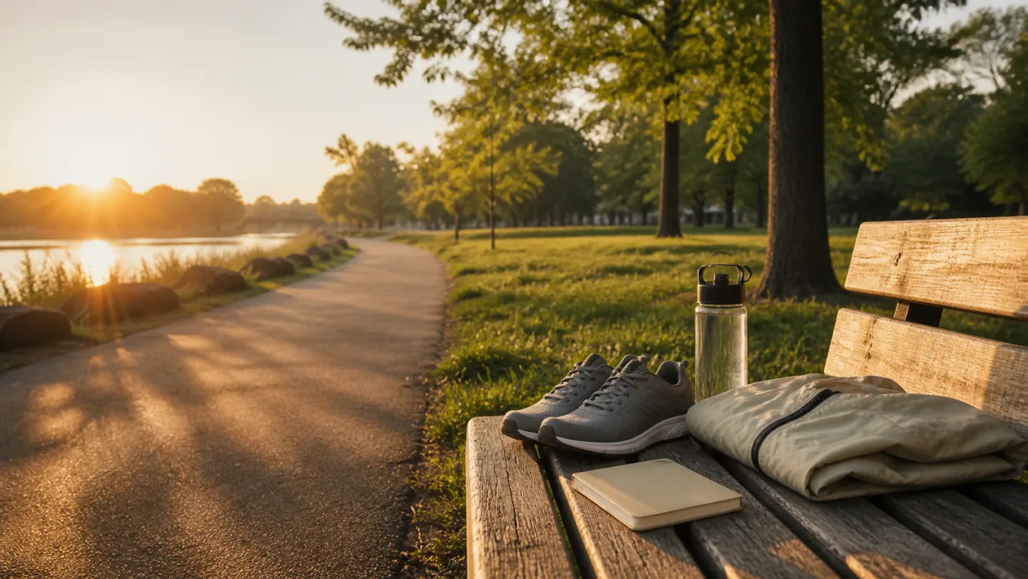 Walking shoes, a water bottle, a folded jacket, and a notebook rest on a park bench beside a sunrise path.