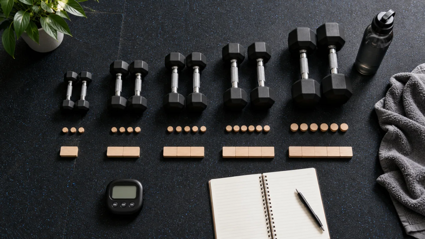 Ascending dumbbells, wooden repetition tokens, range blocks, timer, and blank workout log explain gradual workout progression.
