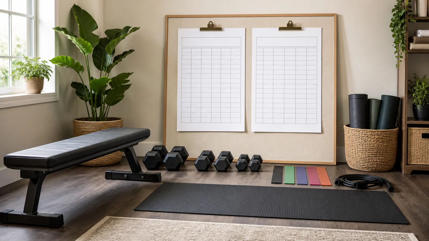 Dumbbells, a bench, bands, and a mat sit below two blank printable workout tables in a home workout room.