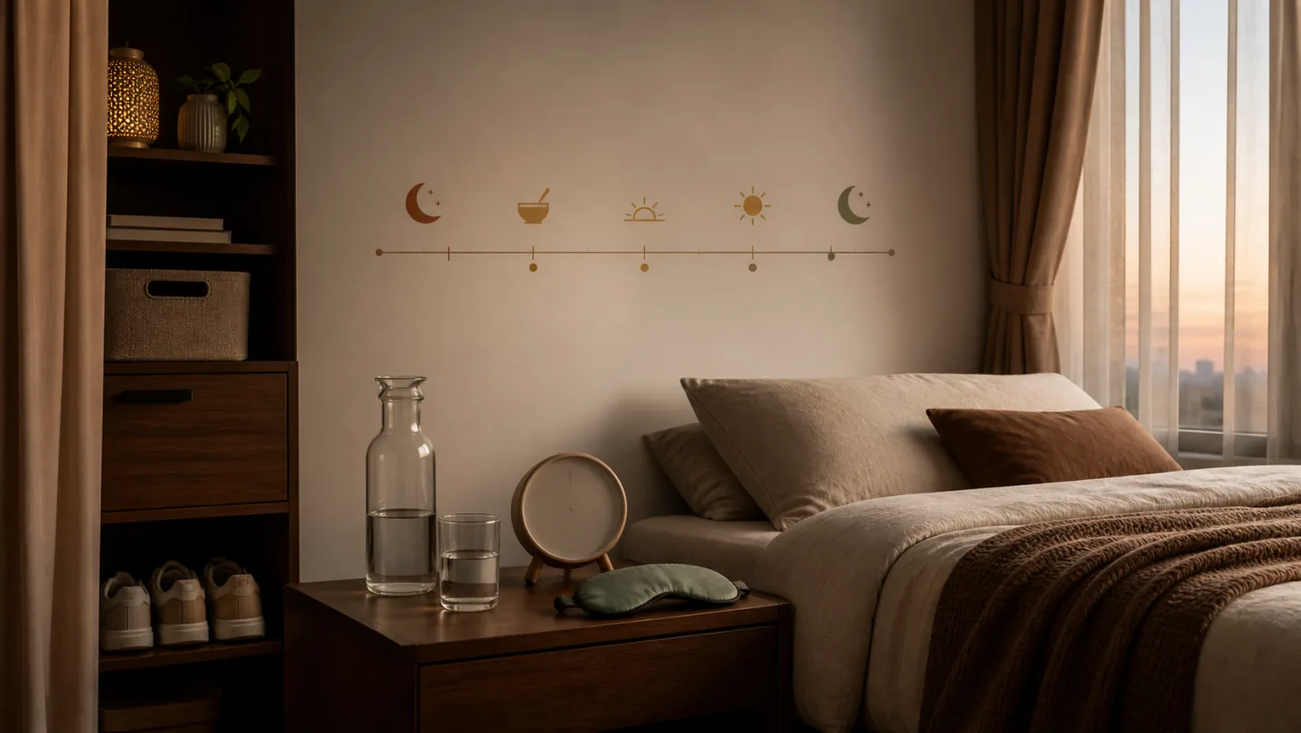 An empty calm bedroom contains a sleep mask, blank clock, water, a dawn-to-night timeline, and workout shoes stored on a shelf.