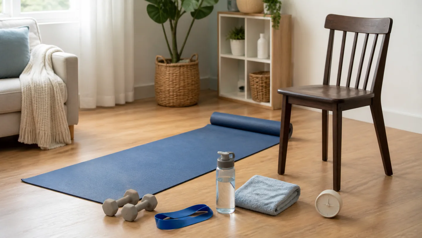 A mat, chair, light dumbbells, band, water, towel, and simple timer form an accessible home workout setup.
