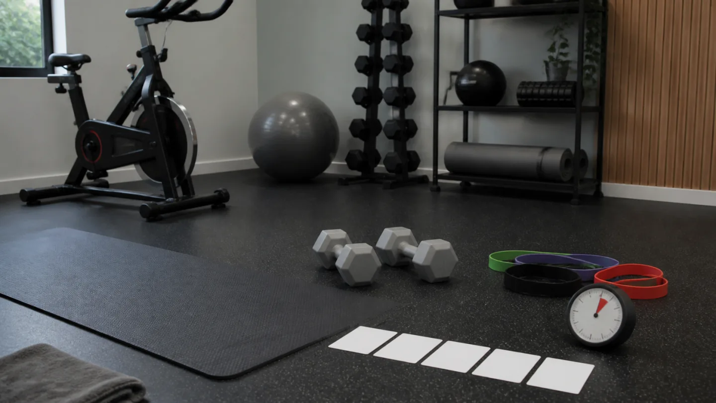 An empty home workout space contains a mat, exercise bike, light dumbbells, resistance bands, blank warm-up cards, and a timer.