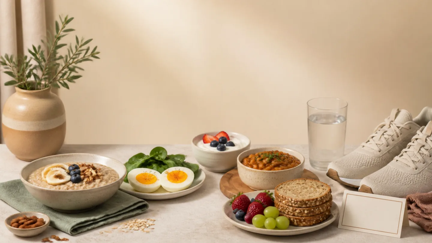 Oats, eggs, yogurt, fruit, whole-grain bread, lentils, water, walking shoes, and a blank timing card form a suhoor scene.