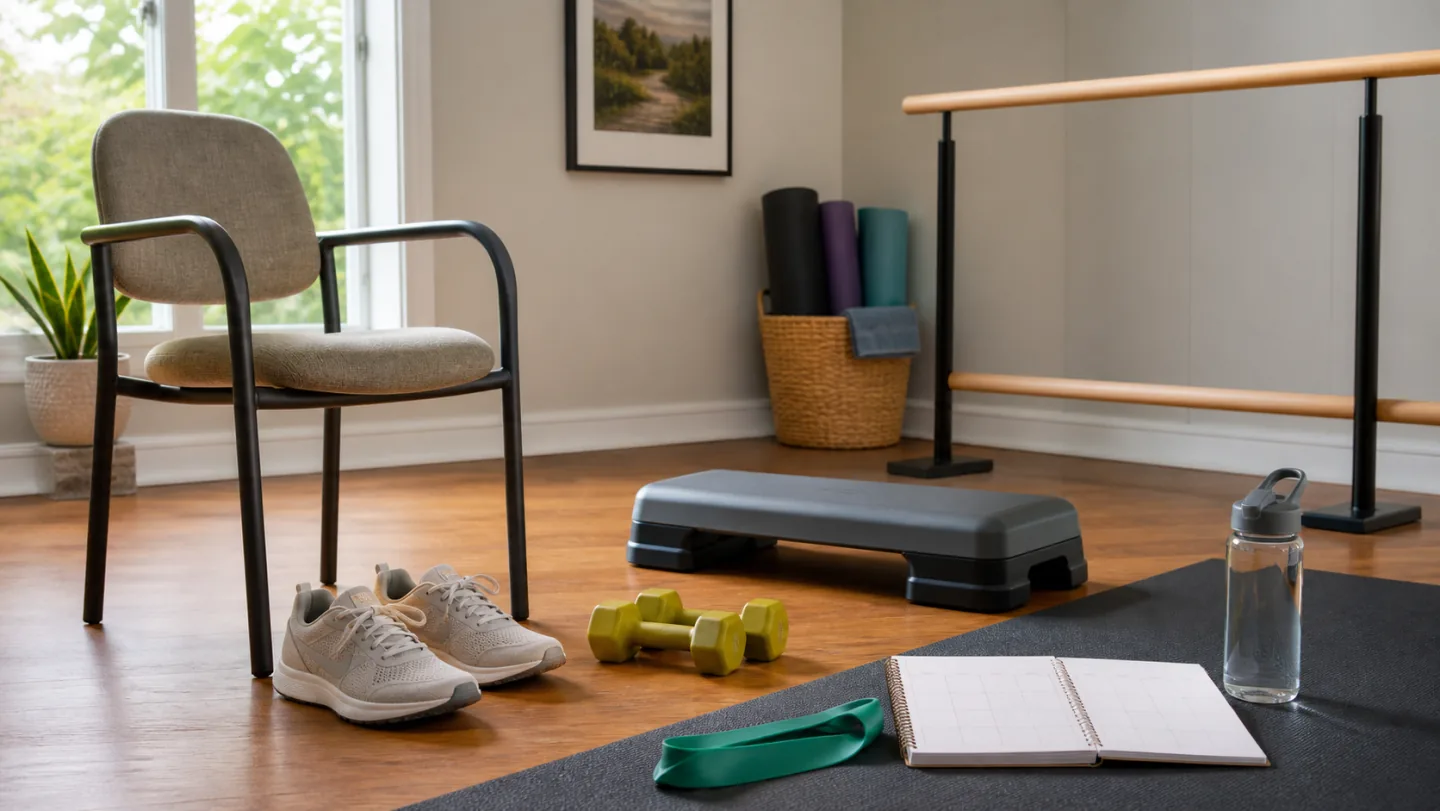 A sturdy chair, balance rail, light dumbbells, band, low step, walking shoes, water, and blank planner form an accessible workout space.