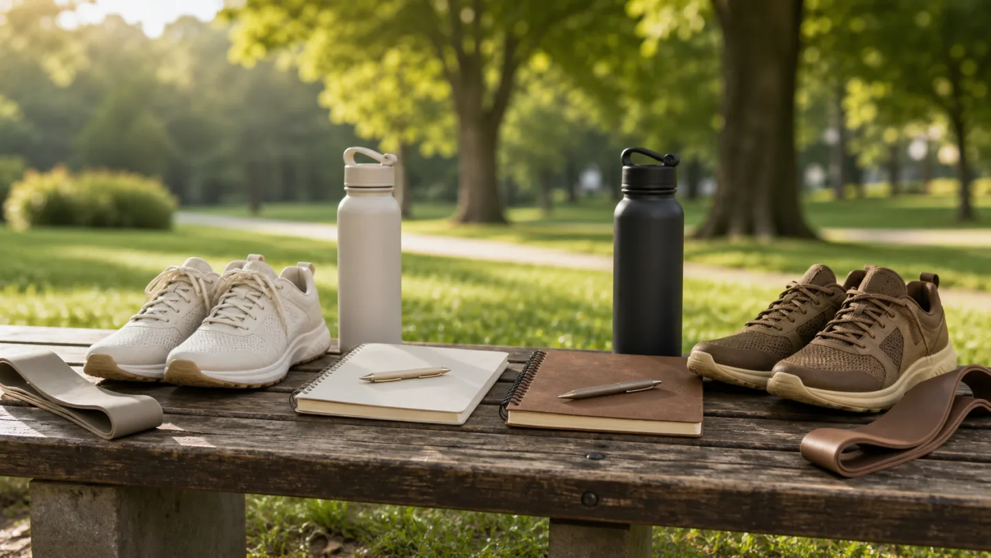 Two sets of walking shoes, water bottles, resistance bands, and workout notebooks sit together on a park bench.