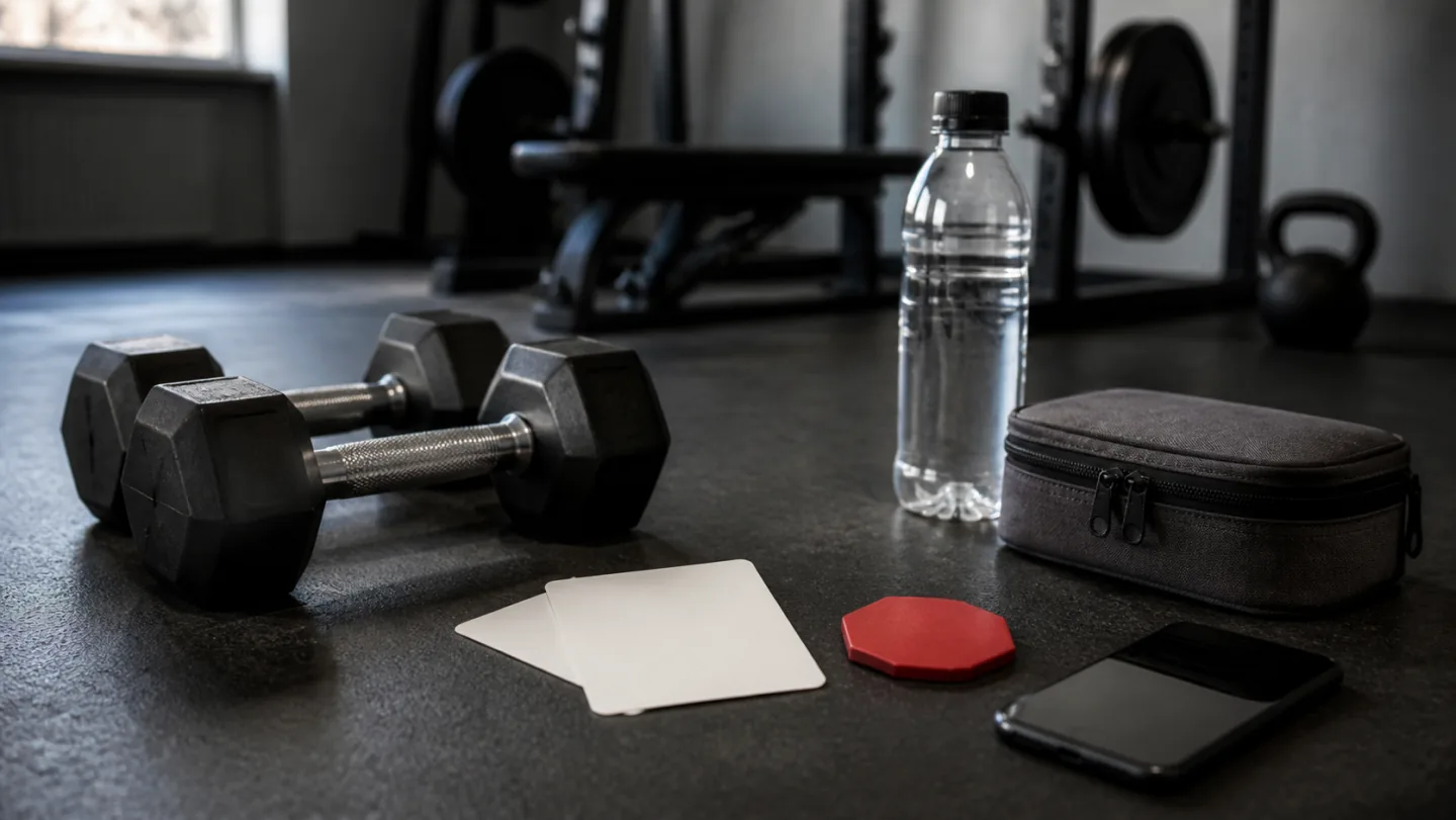 Dumbbells set safely down beside a red stop token, blank symptom cards, phone, and first-aid kit.