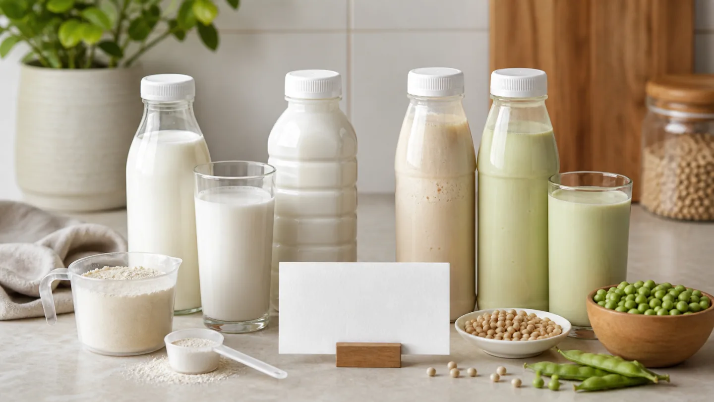 Plain dairy and plant protein drink bottles sit with glasses, powder, soybeans, peas, and a blank card.