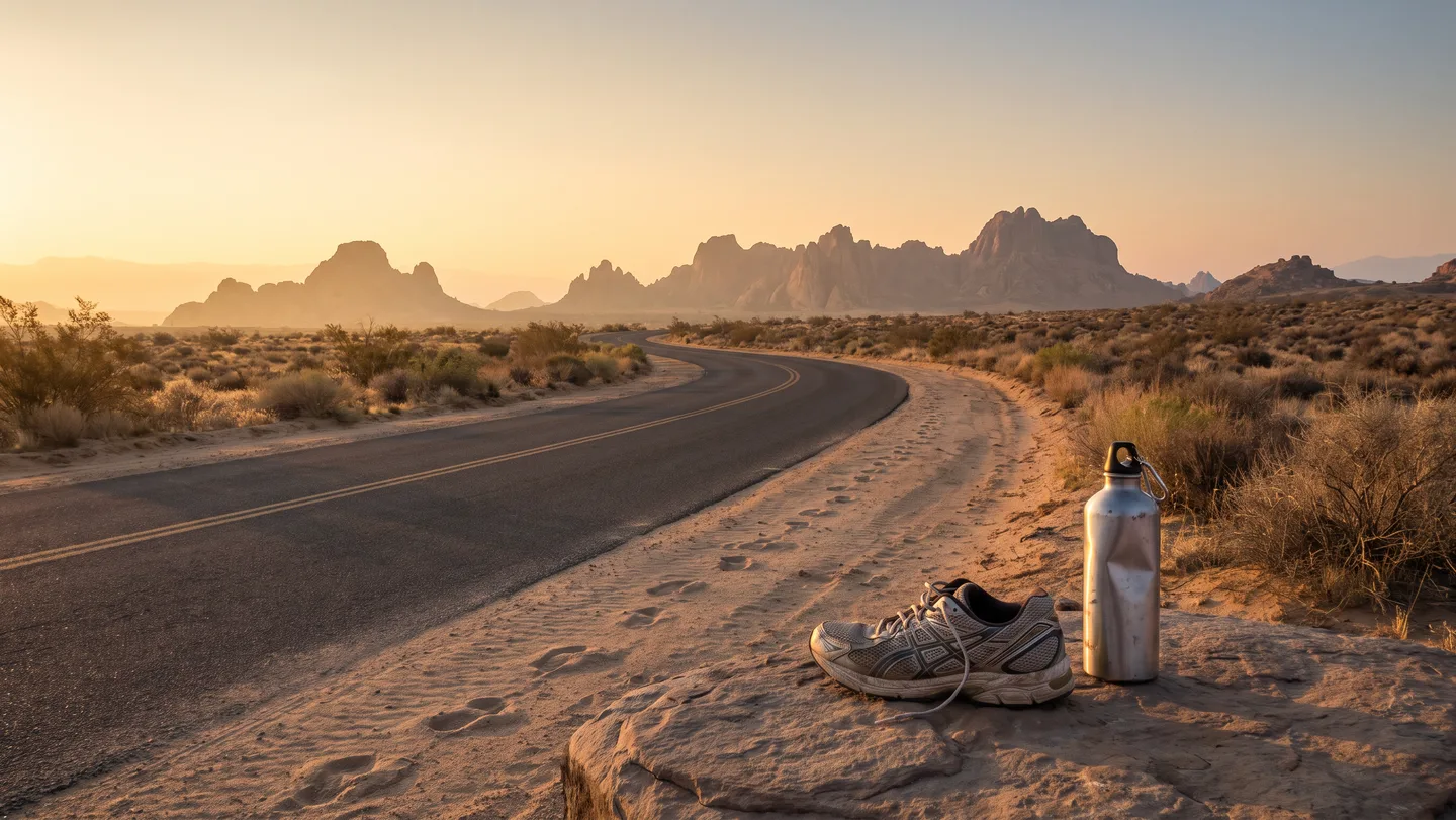 A desert road winding toward distant hills at dawn, with footprints in the sand and a running shoe and water bottle resting on a rock.
