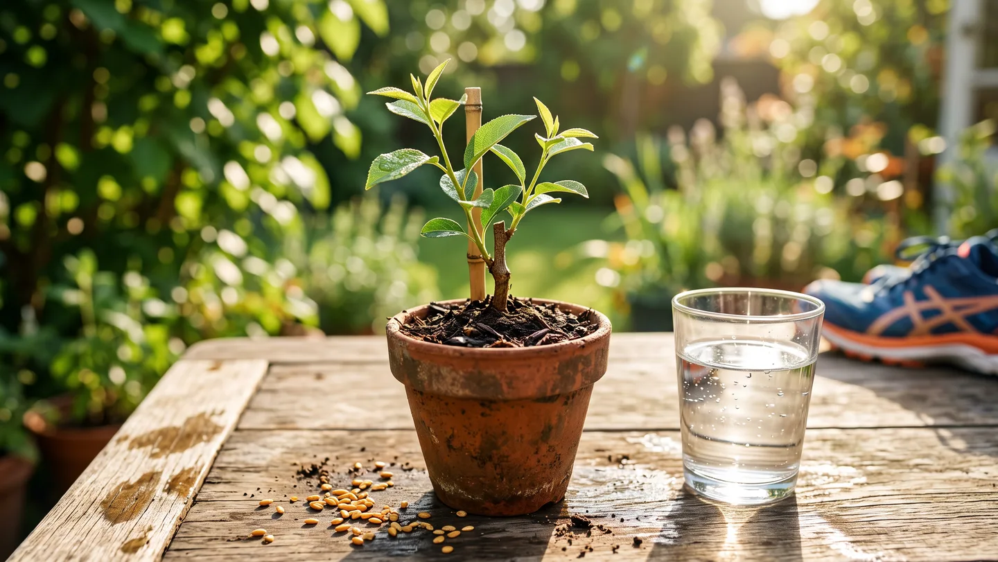 A young tree sapling in a terracotta pot on a wooden table, with scattered seeds and a glass of water in morning light.