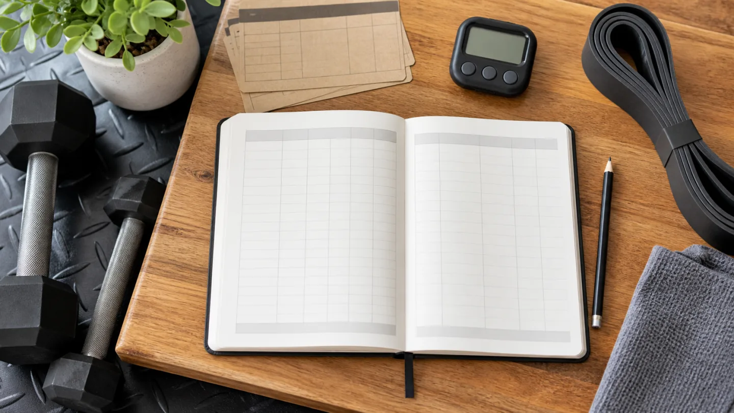 A blank workout notebook, dumbbells, resistance band, pencil, timer, and prior record cards sit on a clean desk.